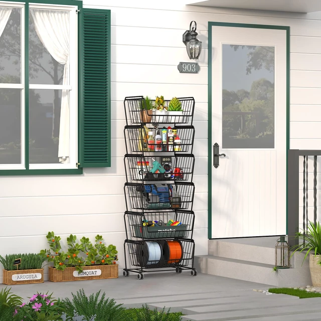 Alt view image 2 of 7 - 6-Tier Tall Stackable Wire Storage Baskets with Wheels, Vertical Metal Rolling Utility Cart, High Capacity Produce Basket for Kitchen Pantry, Snack Organizer, Matte Black