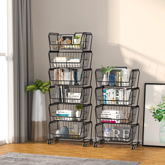Alt view image 4 of 7 - 6-Tier Tall Stackable Wire Storage Baskets with Wheels, Vertical Metal Rolling Utility Cart, High Capacity Produce Basket for Kitchen Pantry, Snack Organizer, Matte Black