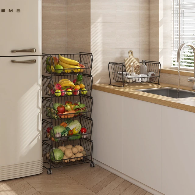 Alt view image 6 of 7 - 6-Tier Tall Stackable Wire Storage Baskets with Wheels, Vertical Metal Rolling Utility Cart, High Capacity Produce Basket for Kitchen Pantry, Snack Organizer, Matte Black