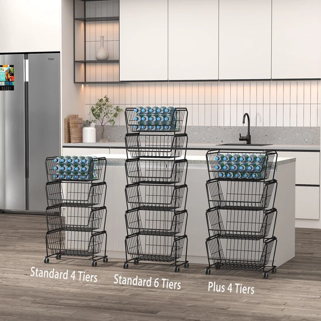 Alt view image 7 of 7 - 6-Tier Tall Stackable Wire Storage Baskets with Wheels, Vertical Metal Rolling Utility Cart, High Capacity Produce Basket for Kitchen Pantry, Snack Organizer, Matte Black