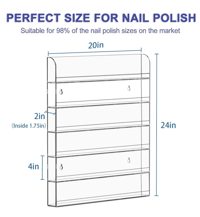 Alt view image 2 of 6 - 2 Pack 20 * 24 Inch Clear Acrylic Nail Polish Wall Racks | Hold Up to 240 Bottles,Nail Polish Shelf Organizer Wall Mounted 6 Rows