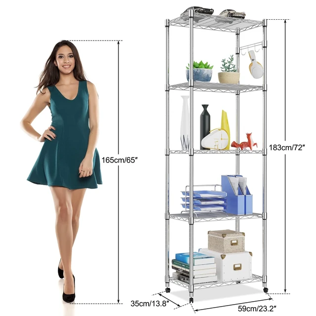Alt view image 4 of 7 - 5 Tier Steel Wire Shelving Unit on Wheels,Chrome Shelves for Garage Kitchen Living Room,Heavy Duty Shelving Rack, 23.2 x 13.8 x 72 inch (L x W x H)
