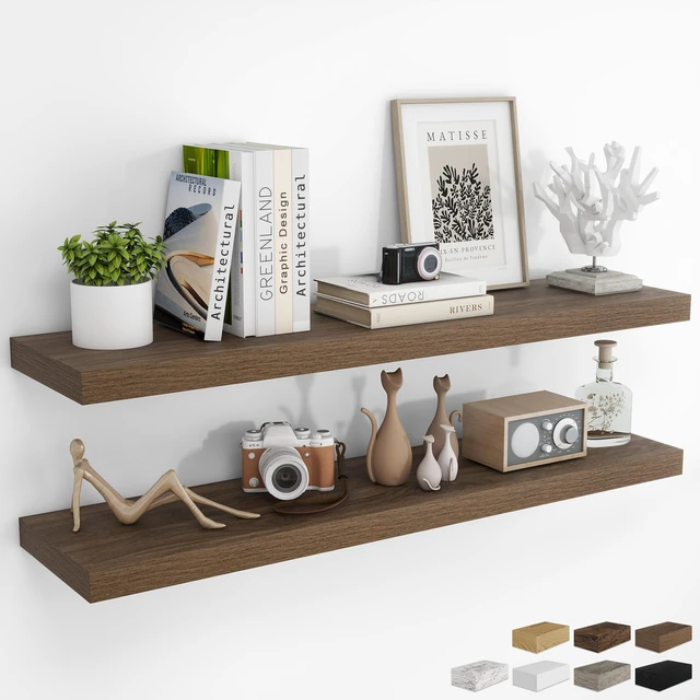 Main image of Long Floating Shelves for Wall 2Pack, Walnut, 48" Lx8 D | 48inch Wood Wall Mounted Shelf for Bathroom|Kitchen|Bedroom|Living Room, Invisible Brackets|Books|Storage|Decor
