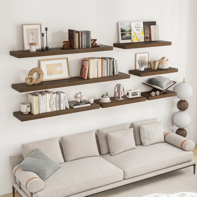 Alt view image 2 of 7 - Long Floating Shelves for Wall 2Pack, Walnut, 48" Lx8 D | 48inch Wood Wall Mounted Shelf for Bathroom|Kitchen|Bedroom|Living Room, Invisible Brackets|Books|Storage|Decor