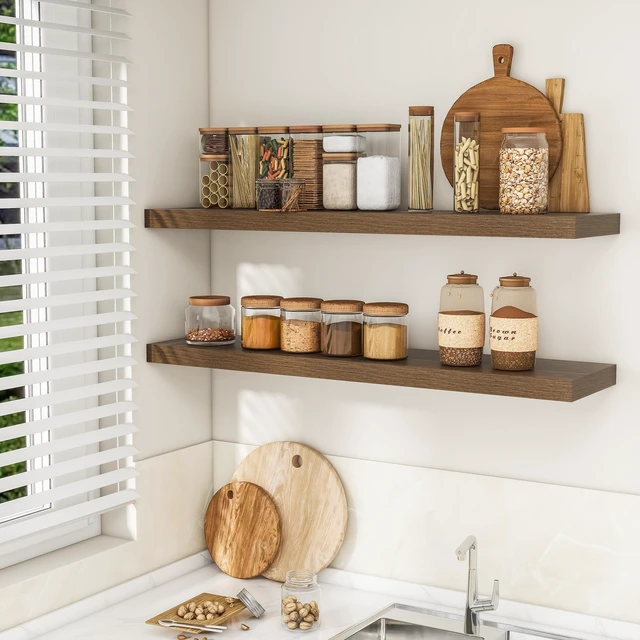 Alt view image 3 of 7 - Long Floating Shelves for Wall 2Pack, Walnut, 48" Lx8 D | 48inch Wood Wall Mounted Shelf for Bathroom|Kitchen|Bedroom|Living Room, Invisible Brackets|Books|Storage|Decor