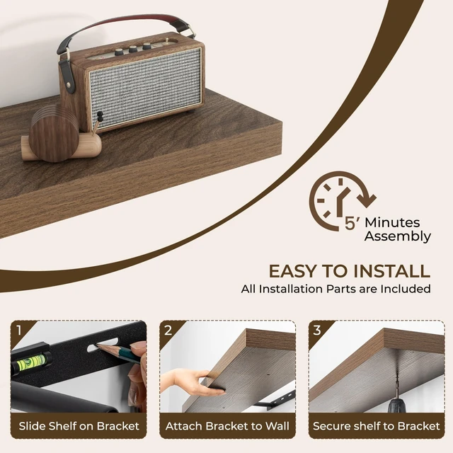 Alt view image 5 of 7 - Long Floating Shelves for Wall 2Pack, Walnut, 48" Lx8 D | 48inch Wood Wall Mounted Shelf for Bathroom|Kitchen|Bedroom|Living Room, Invisible Brackets|Books|Storage|Decor