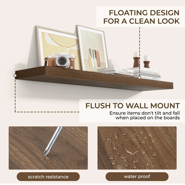 Alt view image 6 of 7 - Long Floating Shelves for Wall 2Pack, Walnut, 48" Lx8 D | 48inch Wood Wall Mounted Shelf for Bathroom|Kitchen|Bedroom|Living Room, Invisible Brackets|Books|Storage|Decor
