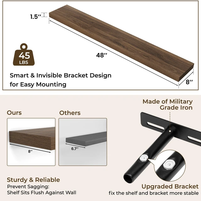 Alt view image 4 of 7 - Long Floating Shelves for Wall 2Pack, Walnut, 48" Lx8 D | 48inch Wood Wall Mounted Shelf for Bathroom|Kitchen|Bedroom|Living Room, Invisible Brackets|Books|Storage|Decor