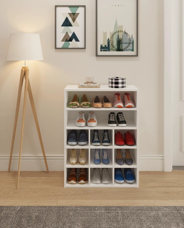 Alt view image 6 of 7 - Shoe Cubby, 9-Cube Stackable Wood Shoe Rack Organizer 24 Inch, White | 5-Tier Freestanding Shoe Stand with 2 Storage Shelf, Holds 10-15 Pairs, Ideal for Apartment, Entryway, Closet Organization