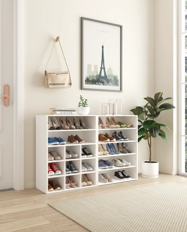 Alt view image 7 of 7 - Shoe Cubby, 9-Cube Stackable Wood Shoe Rack Organizer 24 Inch, White | 5-Tier Freestanding Shoe Stand with 2 Storage Shelf, Holds 10-15 Pairs, Ideal for Apartment, Entryway, Closet Organization