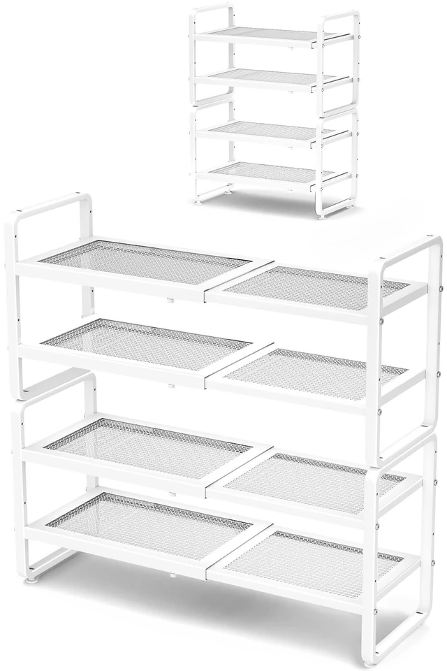 Main image of Expandable Metal Shoe Rack for Closet, Entryway & Garage, 4-Tier, White | Adjustable Height for Boots, Stackable Design, Dense Mesh Shelves for Heels, Fits Small Spaces, Apartments and Rentals