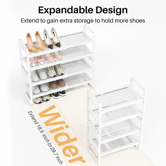 Alt view image 4 of 7 - Expandable Metal Shoe Rack for Closet, Entryway & Garage, 4-Tier, White | Adjustable Height for Boots, Stackable Design, Dense Mesh Shelves for Heels, Fits Small Spaces, Apartments and Rentals