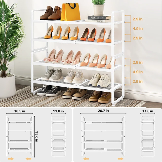 Alt view image 3 of 7 - Expandable Metal Shoe Rack for Closet, Entryway & Garage, 4-Tier, White | Adjustable Height for Boots, Stackable Design, Dense Mesh Shelves for Heels, Fits Small Spaces, Apartments and Rentals