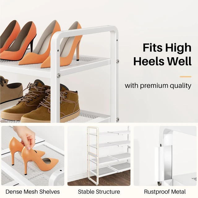 Alt view image 5 of 7 - Expandable Metal Shoe Rack for Closet, Entryway & Garage, 4-Tier, White | Adjustable Height for Boots, Stackable Design, Dense Mesh Shelves for Heels, Fits Small Spaces, Apartments and Rentals
