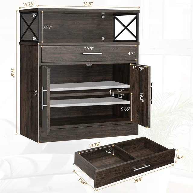 Alt view image 3 of 5 - Kitchen Storage Cabinet with Adjustable Shelves and Drawers, Modern Buffet Sideboard, Wood Buffet Cabinet with Doors, Floor Cabinet Cupboard for Coffee Bar Living Room, Dark Brown