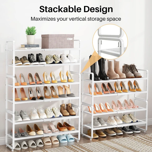 Alt view image 6 of 7 - Expandable Metal Shoe Rack for Closet, Entryway & Garage, 4-Tier, White | Adjustable Height for Boots, Stackable Design, Dense Mesh Shelves for Heels, Fits Small Spaces, Apartments and Rentals