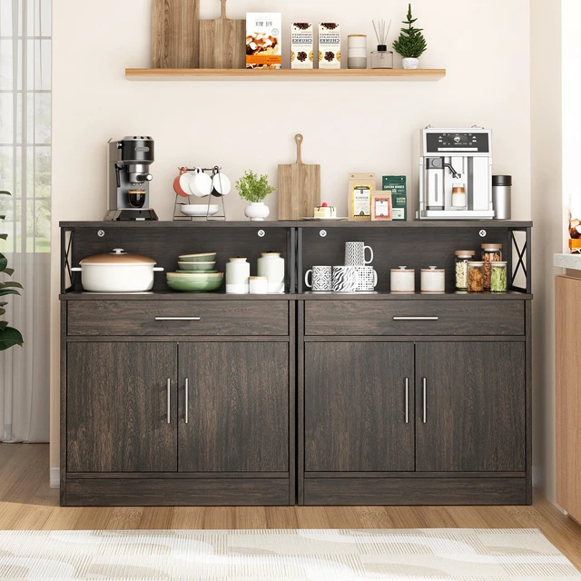 Alt view image 4 of 5 - Kitchen Storage Cabinet with Adjustable Shelves and Drawers, Modern Buffet Sideboard, Wood Buffet Cabinet with Doors, Floor Cabinet Cupboard for Coffee Bar Living Room, Dark Brown