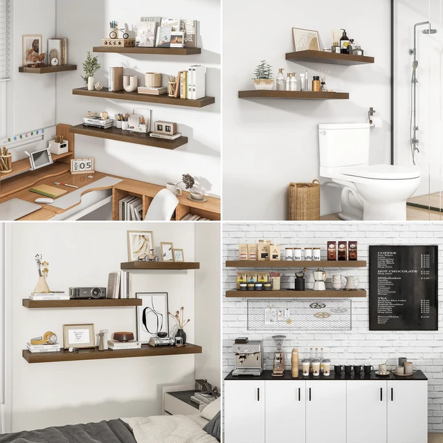 Alt view image 7 of 7 - Long Floating Shelves for Wall 2Pack, Walnut, 48" Lx8 D | 48inch Wood Wall Mounted Shelf for Bathroom|Kitchen|Bedroom|Living Room, Invisible Brackets|Books|Storage|Decor