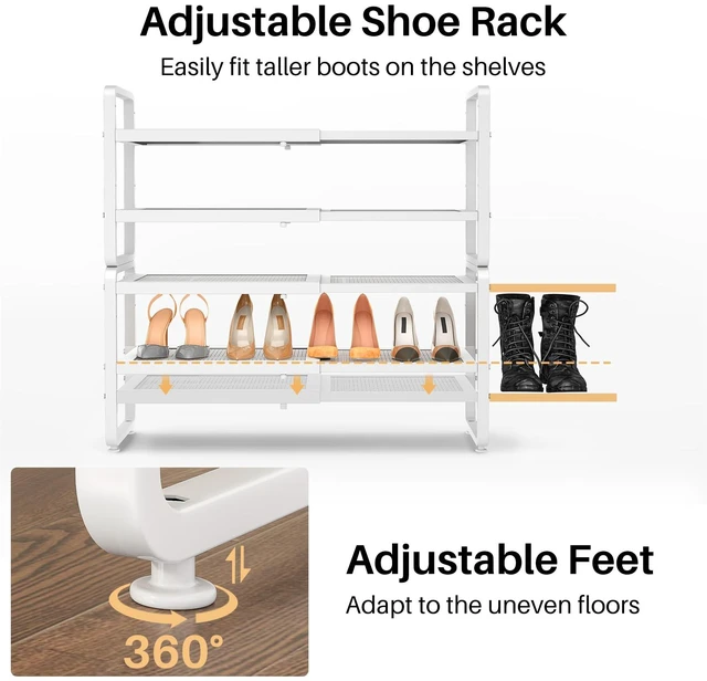 Alt view image 7 of 7 - Expandable Metal Shoe Rack for Closet, Entryway & Garage, 4-Tier, White | Adjustable Height for Boots, Stackable Design, Dense Mesh Shelves for Heels, Fits Small Spaces, Apartments and Rentals