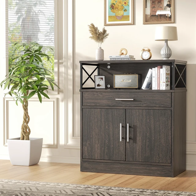 Alt view image 5 of 5 - Kitchen Storage Cabinet with Adjustable Shelves and Drawers, Modern Buffet Sideboard, Wood Buffet Cabinet with Doors, Floor Cabinet Cupboard for Coffee Bar Living Room, Dark Brown