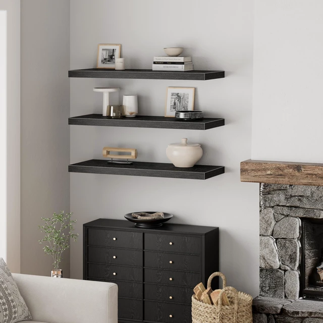 Alt view image 4 of 7 - 12" Deep Floating Shelves for Wall (Black, Set of 3, 35.4" x 12") | Extra Deep Bookshelf for Farmhouse Decor, Bathroom Bedroom Kitchen Living Room, Renter Friendly (026-90B3)