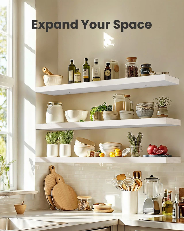 Alt view image 3 of 7 - 47.2" Floating Shelves for Wall Decor & Storage, Set of 3, White | MDF Wall Shelves for Bedroom, Bathroom, Living Room, Kitchen, 22 lbs Capacity per Shelf, Hidden Brackets, Flexible Layout