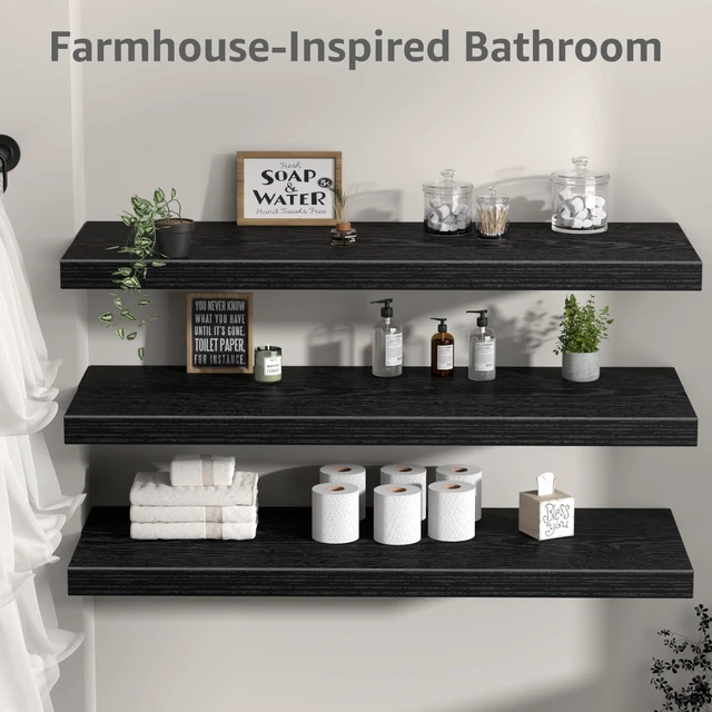 Alt view image 6 of 7 - 12" Deep Floating Shelves for Wall (Black, Set of 3, 35.4" x 12") | Extra Deep Bookshelf for Farmhouse Decor, Bathroom Bedroom Kitchen Living Room, Renter Friendly (026-90B3)