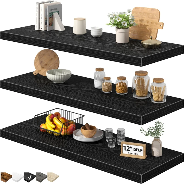 Main image of 12" Deep Floating Shelves for Wall (Black, Set of 3, 35.4" x 12") | Extra Deep Bookshelf for Farmhouse Decor, Bathroom Bedroom Kitchen Living Room, Renter Friendly (026-90B3)