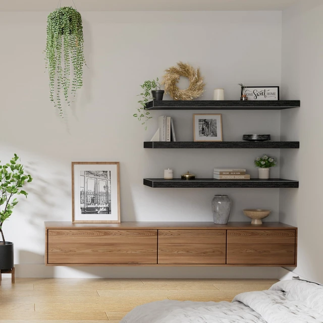 Alt view image 5 of 7 - 12" Deep Floating Shelves for Wall (Black, Set of 3, 35.4" x 12") | Extra Deep Bookshelf for Farmhouse Decor, Bathroom Bedroom Kitchen Living Room, Renter Friendly (026-90B3)