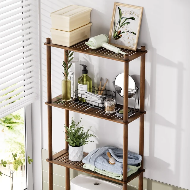 Alt view image 2 of 7 - Bamboo Over The Toilet Storage Shelf, 3-Tier Over Toilet Bathroom Organizer Rack, Bathroom Shelves Over Toilet, Space Saver, Walnut Brown