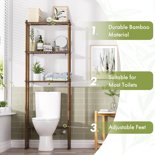 Alt view image 3 of 7 - Bamboo Over The Toilet Storage Shelf, 3-Tier Over Toilet Bathroom Organizer Rack, Bathroom Shelves Over Toilet, Space Saver, Walnut Brown