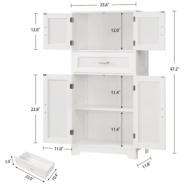 Alt view image 2 of 7 - Bathroom Storage Cabinet with Adjustable Shelf & Large Drawer | Tall Storage Cabinet with 4 Doors, Kitchen Pantry Storage Cabinets, for Living Room, Dining Room, Entryway, White