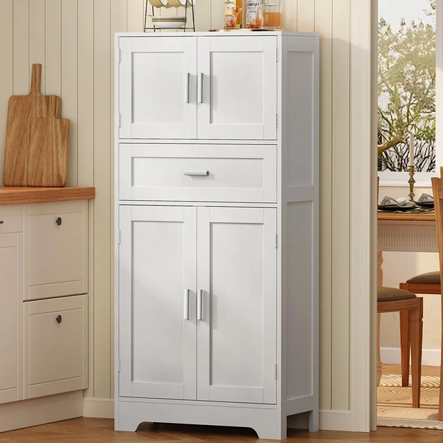 Alt view image 3 of 7 - Bathroom Storage Cabinet with Adjustable Shelf & Large Drawer | Tall Storage Cabinet with 4 Doors, Kitchen Pantry Storage Cabinets, for Living Room, Dining Room, Entryway, White