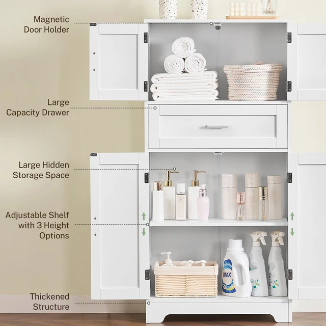 Alt view image 4 of 7 - Bathroom Storage Cabinet with Adjustable Shelf & Large Drawer | Tall Storage Cabinet with 4 Doors, Kitchen Pantry Storage Cabinets, for Living Room, Dining Room, Entryway, White