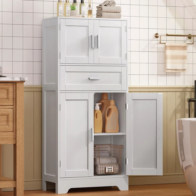Alt view image 5 of 7 - Bathroom Storage Cabinet with Adjustable Shelf & Large Drawer | Tall Storage Cabinet with 4 Doors, Kitchen Pantry Storage Cabinets, for Living Room, Dining Room, Entryway, White