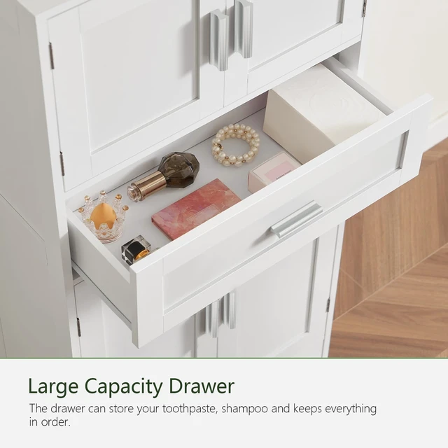 Alt view image 6 of 7 - Bathroom Storage Cabinet with Adjustable Shelf & Large Drawer | Tall Storage Cabinet with 4 Doors, Kitchen Pantry Storage Cabinets, for Living Room, Dining Room, Entryway, White