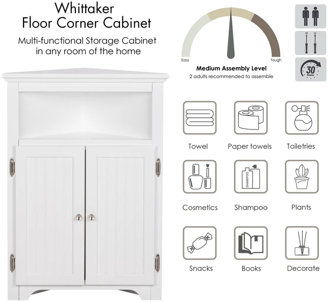 Alt view image 4 of 7 - Corner Bathroom Cabinet with Doors and Adjustable Shelf, White | Space-Saving Triangular Design, Open Shelf, Two-Door Enclosed Storage, FSC-Certified Wood for Bathrooms and Small Spaces