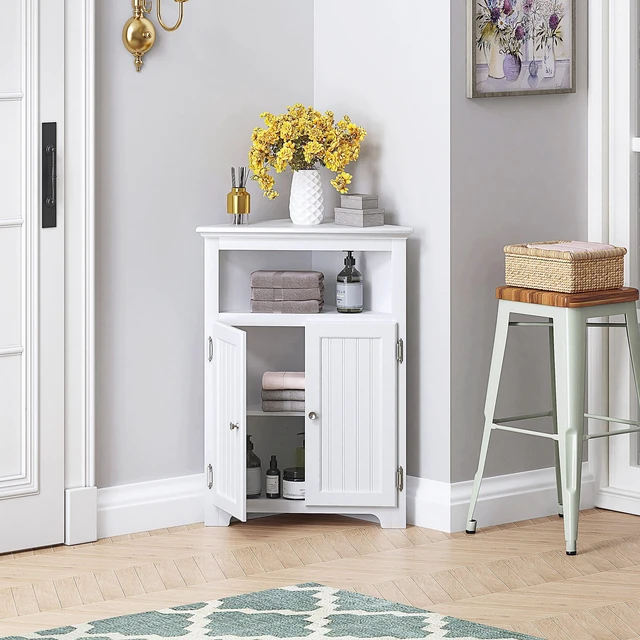 Alt view image 2 of 7 - Corner Bathroom Cabinet with Doors and Adjustable Shelf, White | Space-Saving Triangular Design, Open Shelf, Two-Door Enclosed Storage, FSC-Certified Wood for Bathrooms and Small Spaces
