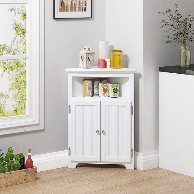 Alt view image 6 of 7 - Corner Bathroom Cabinet with Doors and Adjustable Shelf, White | Space-Saving Triangular Design, Open Shelf, Two-Door Enclosed Storage, FSC-Certified Wood for Bathrooms and Small Spaces