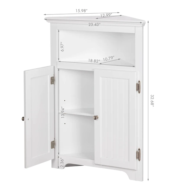 Alt view image 7 of 7 - Corner Bathroom Cabinet with Doors and Adjustable Shelf, White | Space-Saving Triangular Design, Open Shelf, Two-Door Enclosed Storage, FSC-Certified Wood for Bathrooms and Small Spaces