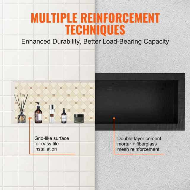 Alt view image 5 of 7 - Shower Niche Ready for Tile 16" x 50", Single Shelf Organizer, Square Corners Wall-inserted Niche Recessed, Sealed Protection Modern Soap Storage Niche for Shower Bathroom, Black