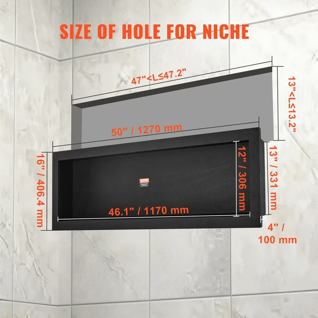Alt view image 3 of 7 - Shower Niche Ready for Tile 16" x 50", Single Shelf Organizer, Square Corners Wall-inserted Niche Recessed, Sealed Protection Modern Soap Storage Niche for Shower Bathroom, Black