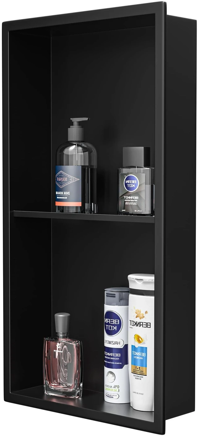 Main image of Stainless Steel Shower Niche Matte Black 24" X 12" W/ 2-Tier Shelf | Recessed shower niche no tile needed,space-saving,vertical niche, built in bathroom niche shower for shampoo & soap storage