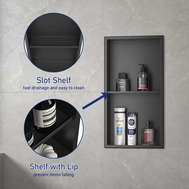 Alt view image 4 of 7 - Stainless Steel Shower Niche Matte Black 24" X 12" W/ 2-Tier Shelf | Recessed shower niche no tile needed,space-saving,vertical niche, built in bathroom niche shower for shampoo & soap storage