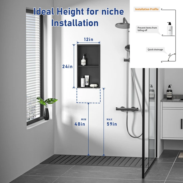 Alt view image 3 of 7 - Stainless Steel Shower Niche Matte Black 24" X 12" W/ 2-Tier Shelf | Recessed shower niche no tile needed,space-saving,vertical niche, built in bathroom niche shower for shampoo & soap storage