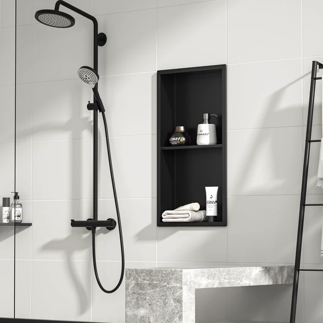 Alt view image 6 of 7 - Stainless Steel Shower Niche Matte Black 24" X 12" W/ 2-Tier Shelf | Recessed shower niche no tile needed,space-saving,vertical niche, built in bathroom niche shower for shampoo & soap storage