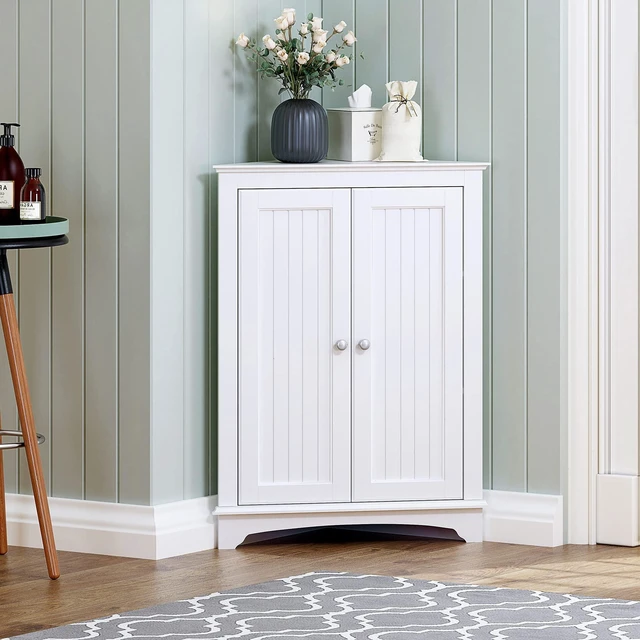 Main image of Corner Bathroom Cabinet with Doors and Adjustable Shelf, White | 2 Beadboard Doors, Adjustable Shelf, Space-Saving Triangular Design for Bathrooms, Kitchens, Living Rooms, and Entryways