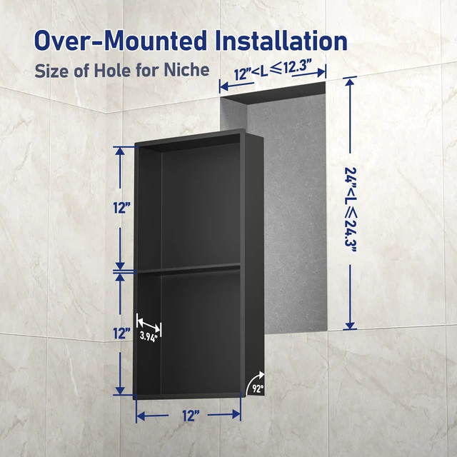 Alt view image 7 of 7 - Stainless Steel Shower Niche Matte Black 24" X 12" W/ 2-Tier Shelf | Recessed shower niche no tile needed,space-saving,vertical niche, built in bathroom niche shower for shampoo & soap storage