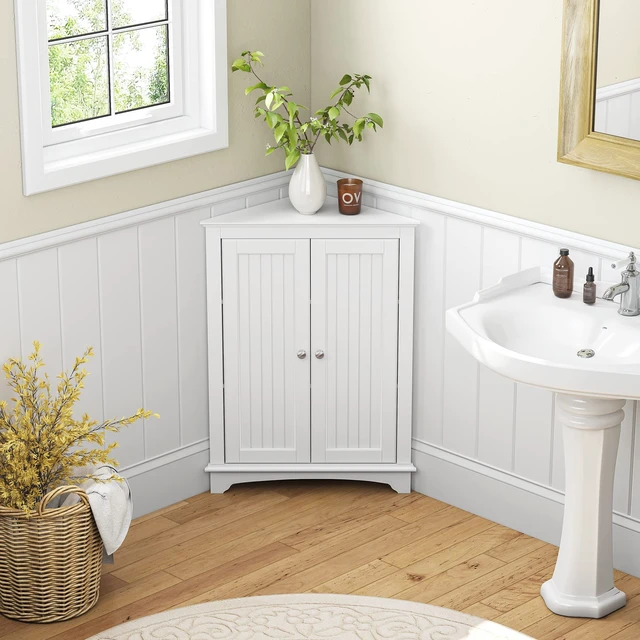 Alt view image 2 of 7 - Corner Bathroom Cabinet with Doors and Adjustable Shelf, White | 2 Beadboard Doors, Adjustable Shelf, Space-Saving Triangular Design for Bathrooms, Kitchens, Living Rooms, and Entryways
