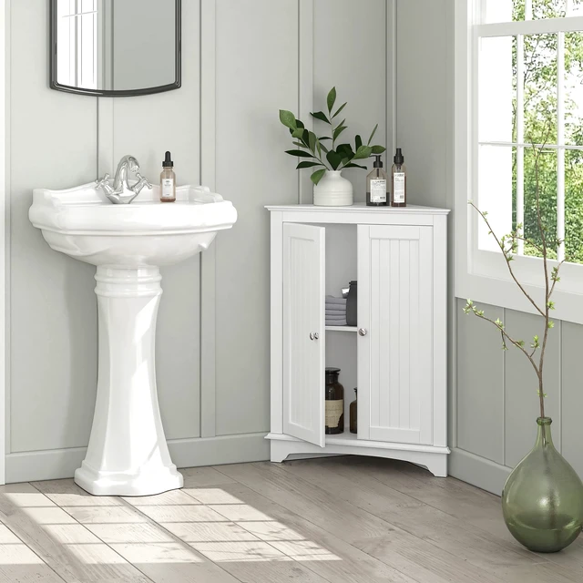 Alt view image 3 of 7 - Corner Bathroom Cabinet with Doors and Adjustable Shelf, White | 2 Beadboard Doors, Adjustable Shelf, Space-Saving Triangular Design for Bathrooms, Kitchens, Living Rooms, and Entryways